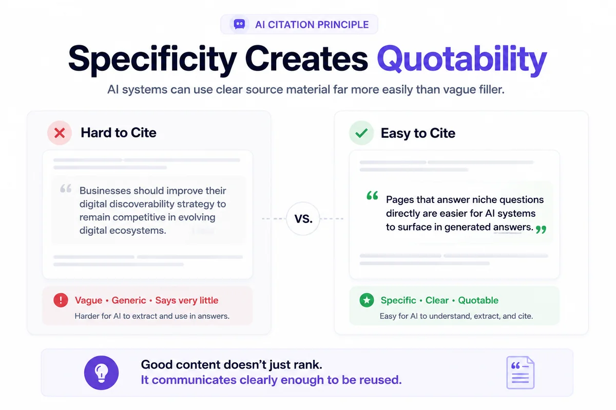 Comparison showing how vague content fails AI citation while specific direct answers get extracted and quoted by AI systems